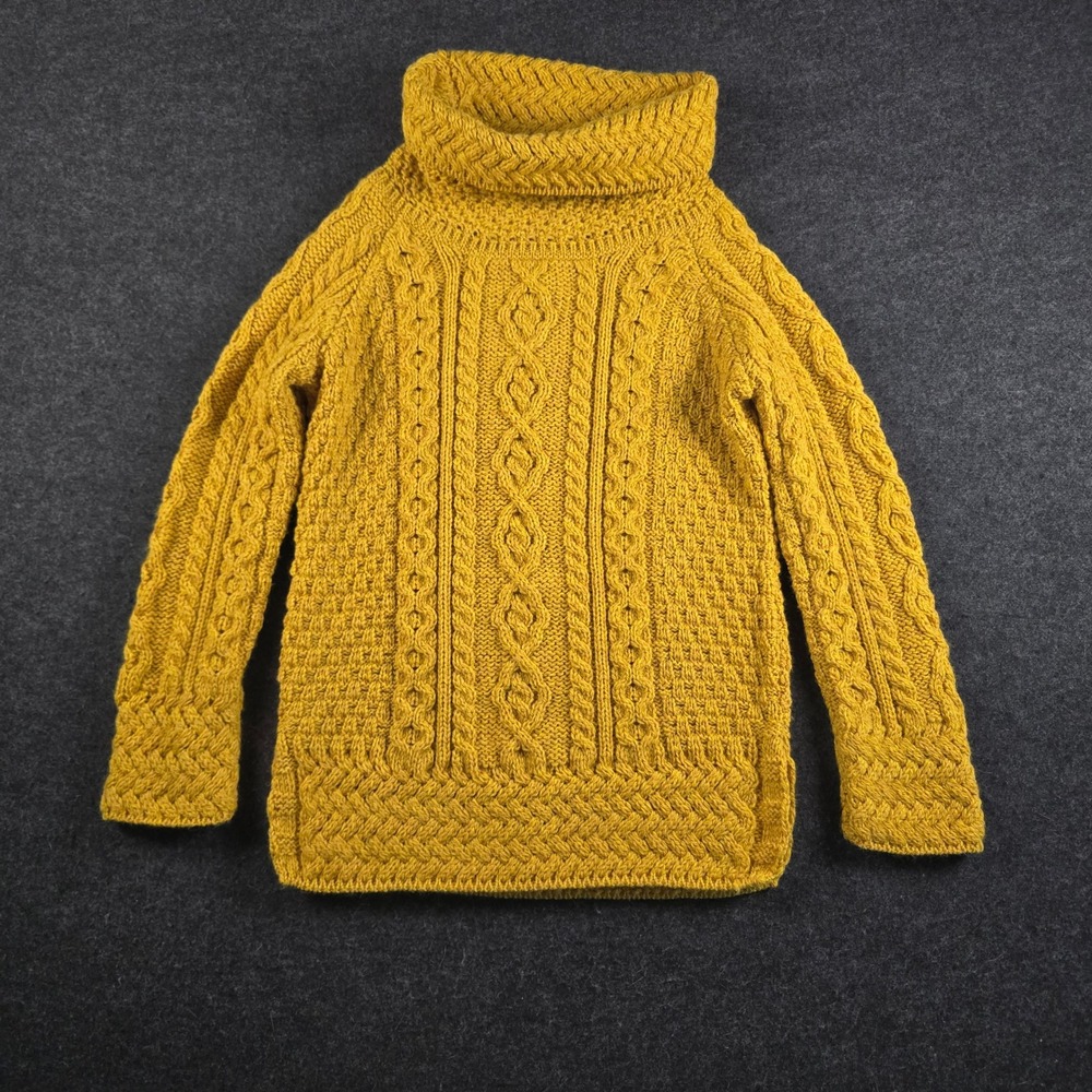 Aran Woollen Mills Wool Cowl Neck Sweater Mustard Yellow Cable Knit Women's XS